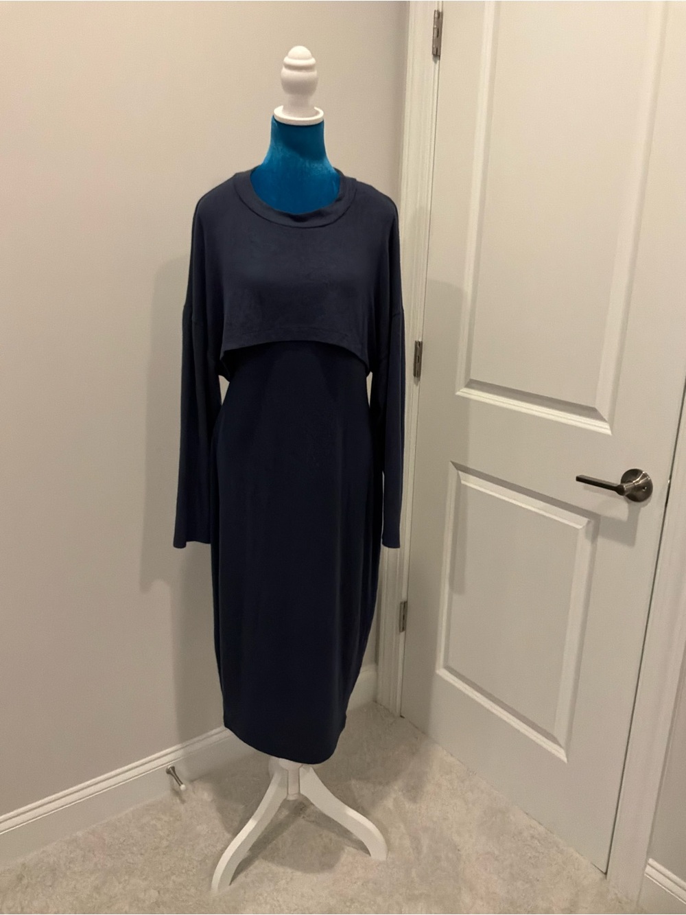 Layered Long-Sleeve Navy Blue Midi Dress